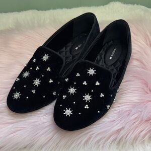 Birdies Black Velvet Loafers with Silver Stars
